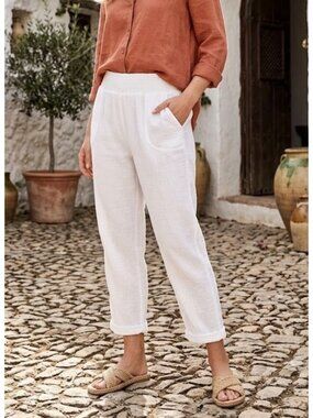 NWT Nomad The Label Smocked Cotton Gauze Crop in White Pull-on Pants 18 / US 14